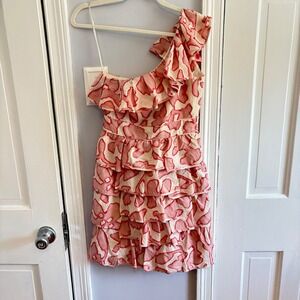 NEW Cynthia Steffe Womens Sz 2 One Shoulder Poppy Red Ruffle Tiered Dress